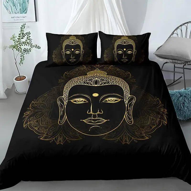 Buddha-Bettbezug-Set, Kingsize, exotisches ethnisches Bohemian-Bettwäsche-Set, Mikrofaser, goldener Buddha-Statue-Druck, wunderschöner Bettbezug 70x133cm 2pcs von Joom DACH