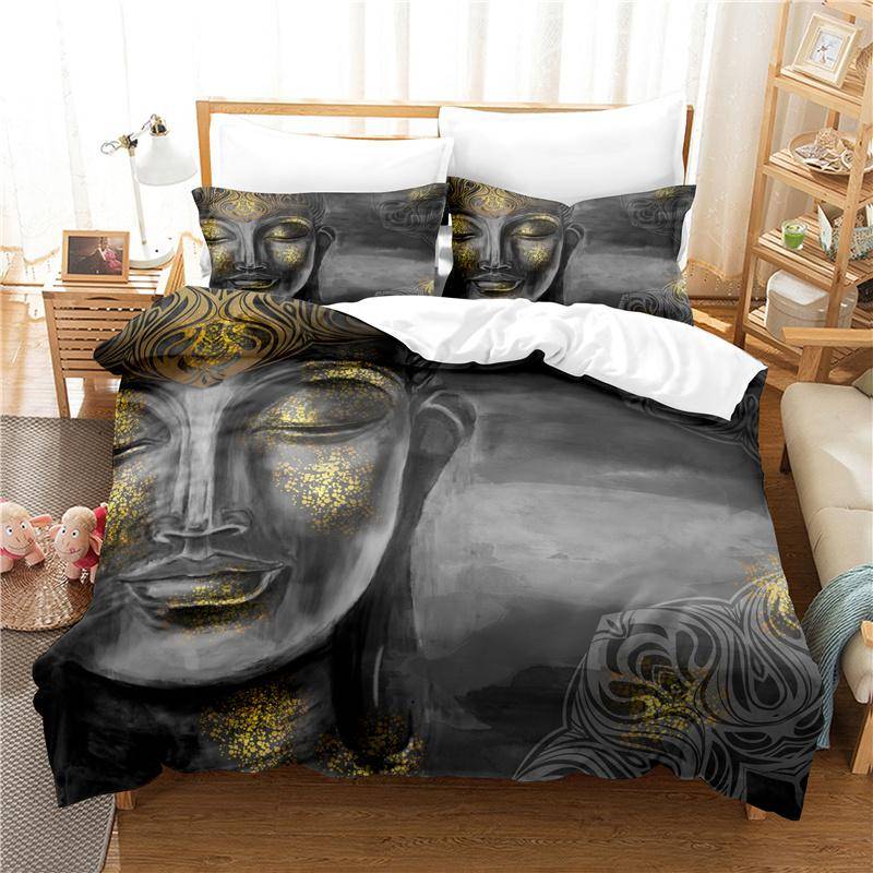Buddha Statue Bettbezug Set 3D Digitaldruck Gold Queen King Size Bettwäscheset für Kinder Jungen Mädchen Polyester Bettdecke Set EU single(135x200cm) von Joom DACH
