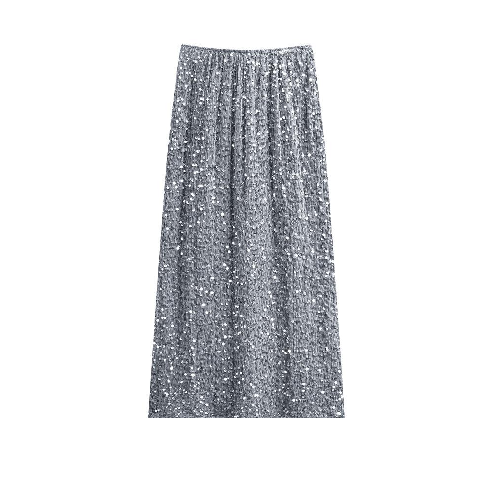 Büste Rock Frühling Neu Goldenes Samt Pailletten Hüftrock Schlitz Gabel Gerade Hohe Taille Französisch A-Form Langer Rock 2XL graue von Joom DACH