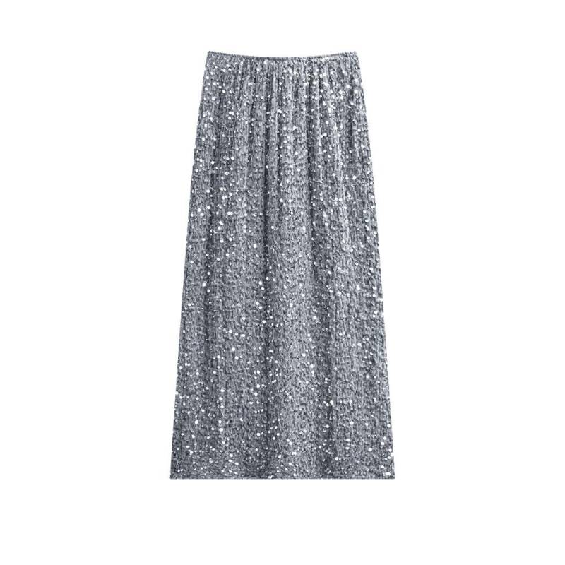 Büste Rock Frühling Neu Goldenes Samt Pailletten Hüftrock Schlitz Gabel Gerade Hohe Taille Französisch A-Form Langer Rock 2XL graue von Joom DACH