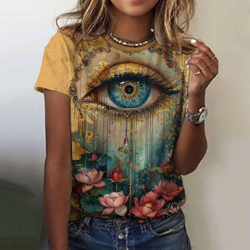 Bunte Augen Print Damen T-Shirts Mode Top Kurzarm Pullover O-Ausschnitt T-Shirt Weiblich Harajuk Polyester Kleidung L von Joom DACH