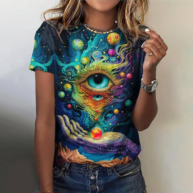 Bunte Augen Print Damen T-Shirts Mode Top Kurzarm Pullover O-Ausschnitt T-Shirt Weiblich Harajuk Polyester Kleidung M von Joom DACH