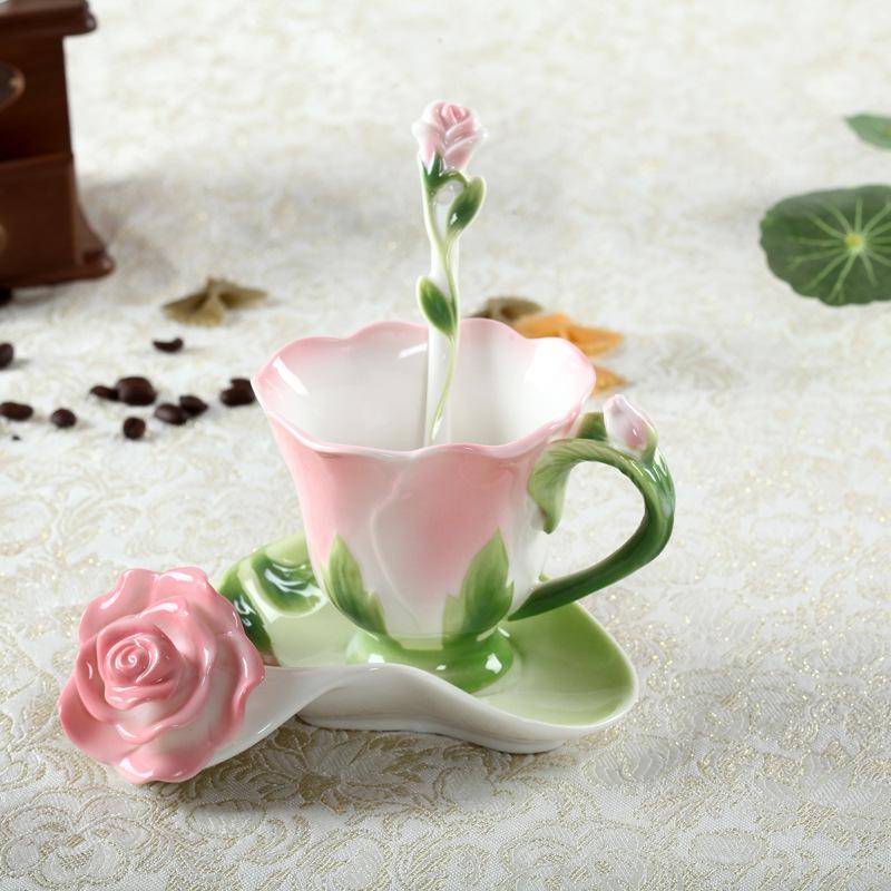 Bunte Keramik Kaffeetasse Untertasse Set Emaille Blume Becher Hochzeitsgeschenk Kreative Nachmittag Kamelie Teetasse Frühstück Milch Becher 101-200ml rosa von Joom DACH