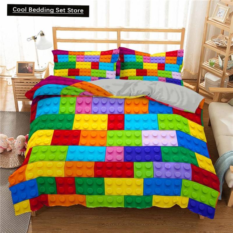 Bunte Spielzeug Königin König Bettbezug 3D Bausteinmuster Bettwäscheset Lustige Ziegel Steppdecke Farbverlauf Regenbogen Bettdeckenbezug AU Queen(210x210cm) von Joom DACH
