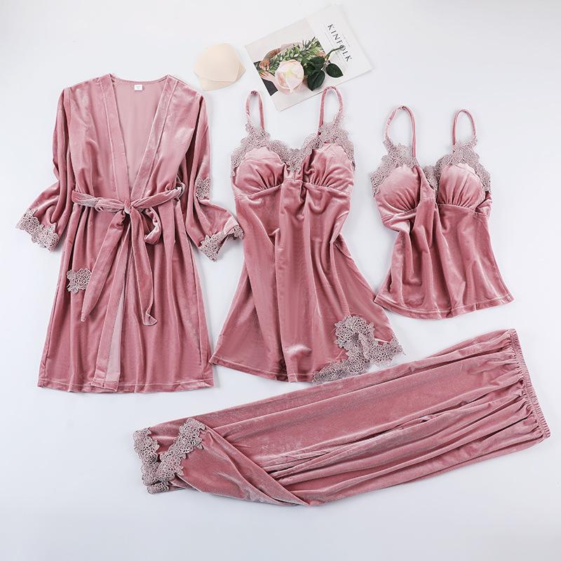 Burgunder Velours Pyjama Anzug Frauen 4PCS Kimono Robe Nachthemd Set Nachtwäsche Dame Winter Warm Gestreiften Gold Samt Bademantel Kleid 2XL von Joom DACH