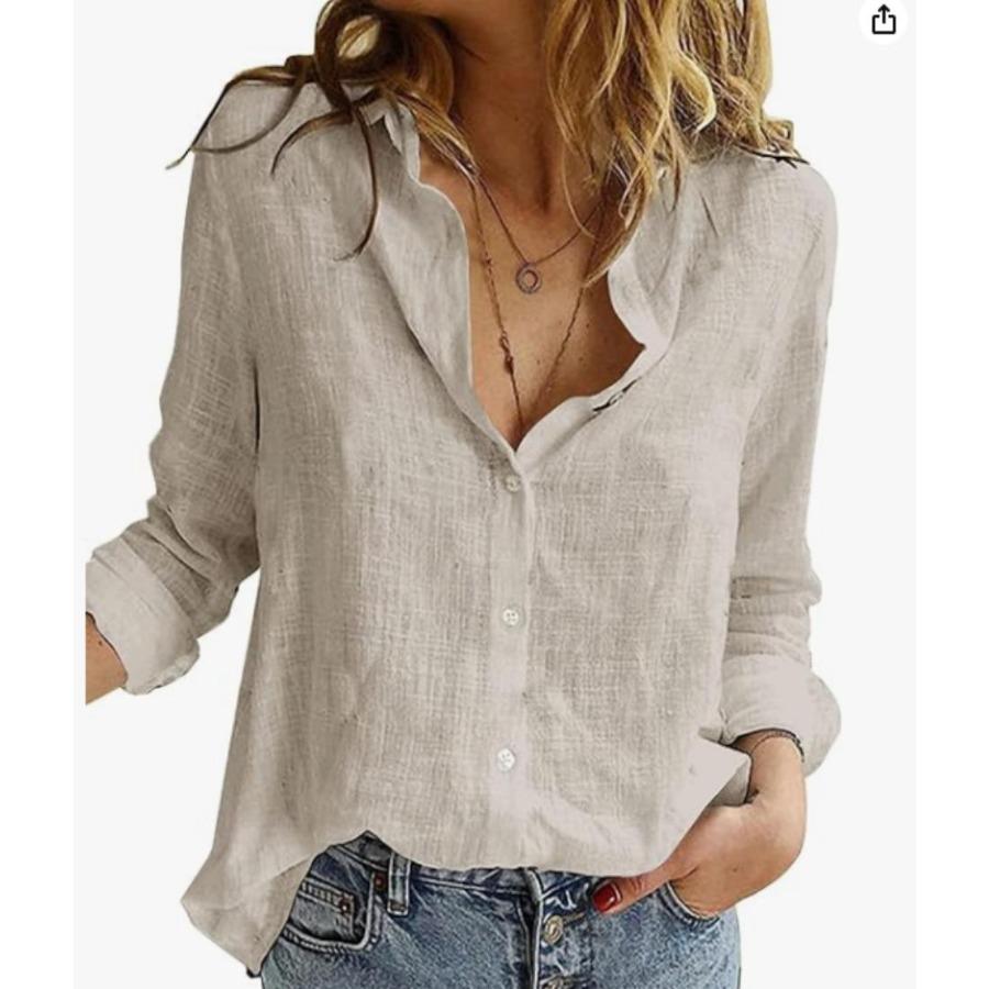 Button Up Damen Blusen Herbst Einfarbig Lässig Lose Langarm Baumwollhemden L hellgrau von Joom DACH