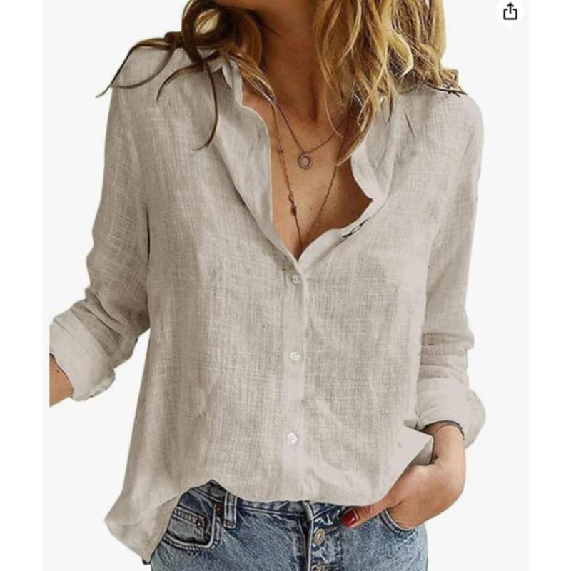 Button Up Damen Blusen Herbst Einfarbig Lässig Lose Langarm Baumwollhemden L hellgrau von Joom DACH