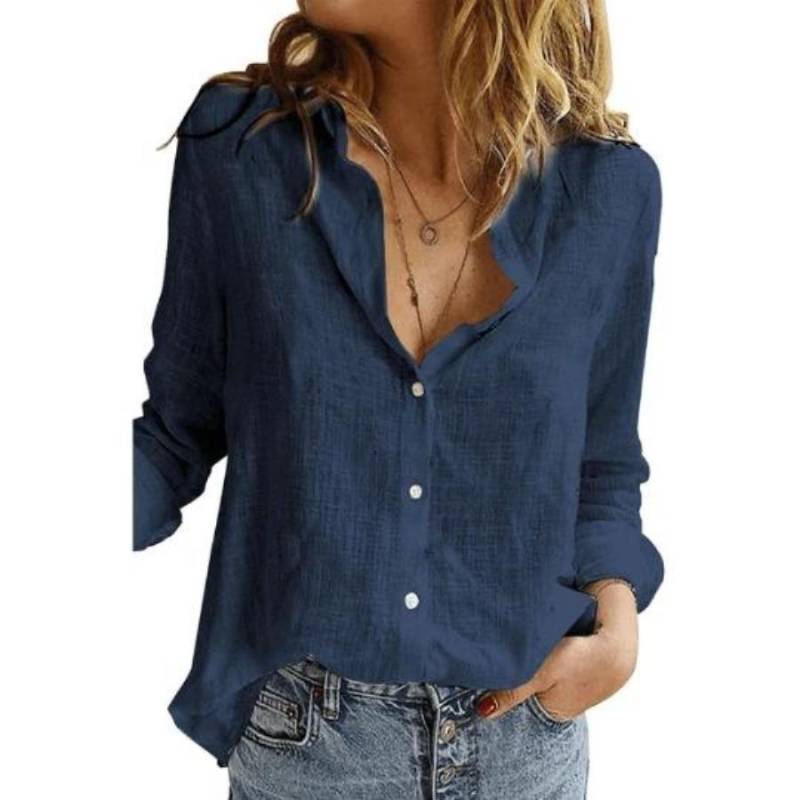 Button Up Damen Blusen Herbst Einfarbig Lässig Lose Langarm Baumwollhemden XXL navy blau von Joom DACH