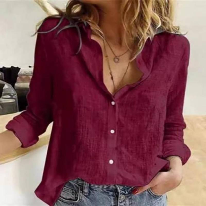 Button Up Damen Blusen Herbst Einfarbig Lässig Lose Langarm Baumwollhemden XXXL von Joom DACH