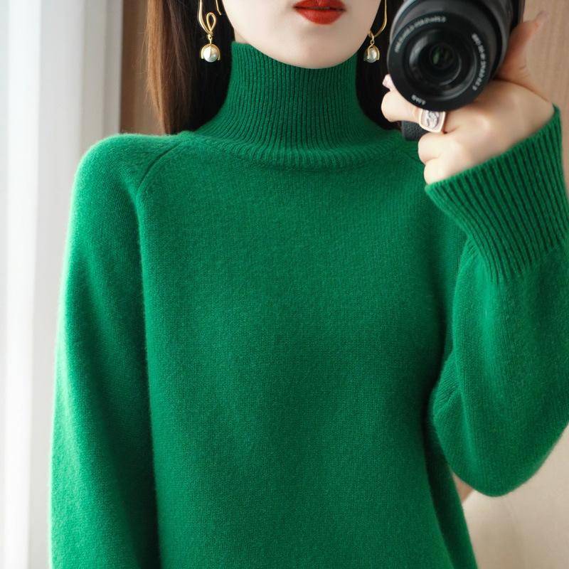 CANVAUS Frühling und Herbst Damen-Pullover mit hohem Stehkragen, gemischter Wollpullover, koreanischer Stil, schlanker, einfarbiger Pullover XXL dunkelgrüne von Joom DACH