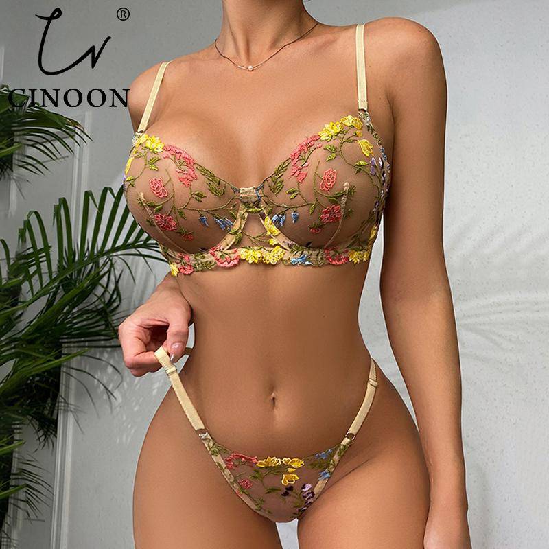 CINOON Sexy Dessous Set Floral Transparent Spitze Bh Höschen Büstenhalter Frauen Unterwäsche G-String Versuchung Panty Dame Slip XL beige von Joom DACH