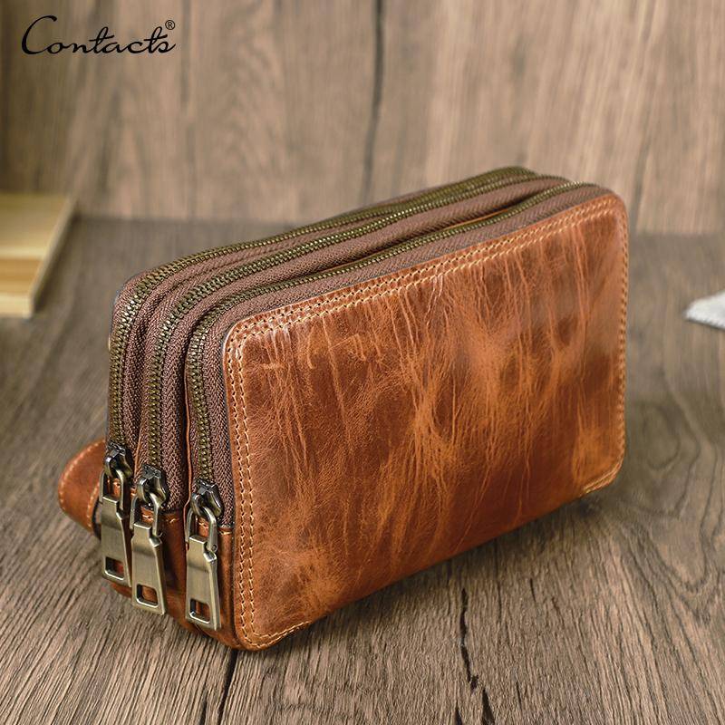 CONTACT'S Echtes Leder Clutch Geldbörsen für Männer Umhängetasche Handytasche Kartenhalter Multi Zipper Design Handtasche kamel braun von Joom DACH
