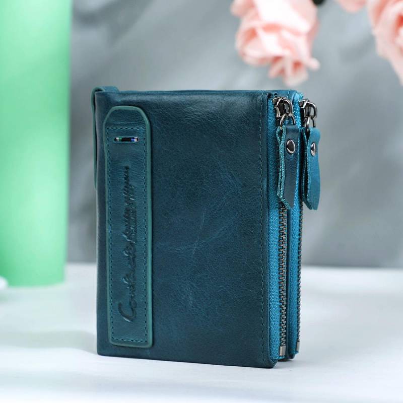 CONTACT'S Modische Damen-Geldbörse aus echtem Leder, Ausweishalter mit Doppelreißverschluss, kleine Damen-Geldbörse blau von Joom DACH