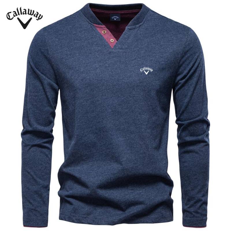 Callaway 2025 Herbst Neu Stickerei Herren Mode Farbe Baumwolle Einfarbig Langarm T-Shirt V-Ausschnitt Lässig Herren Top T-Shirt XL von Joom DACH