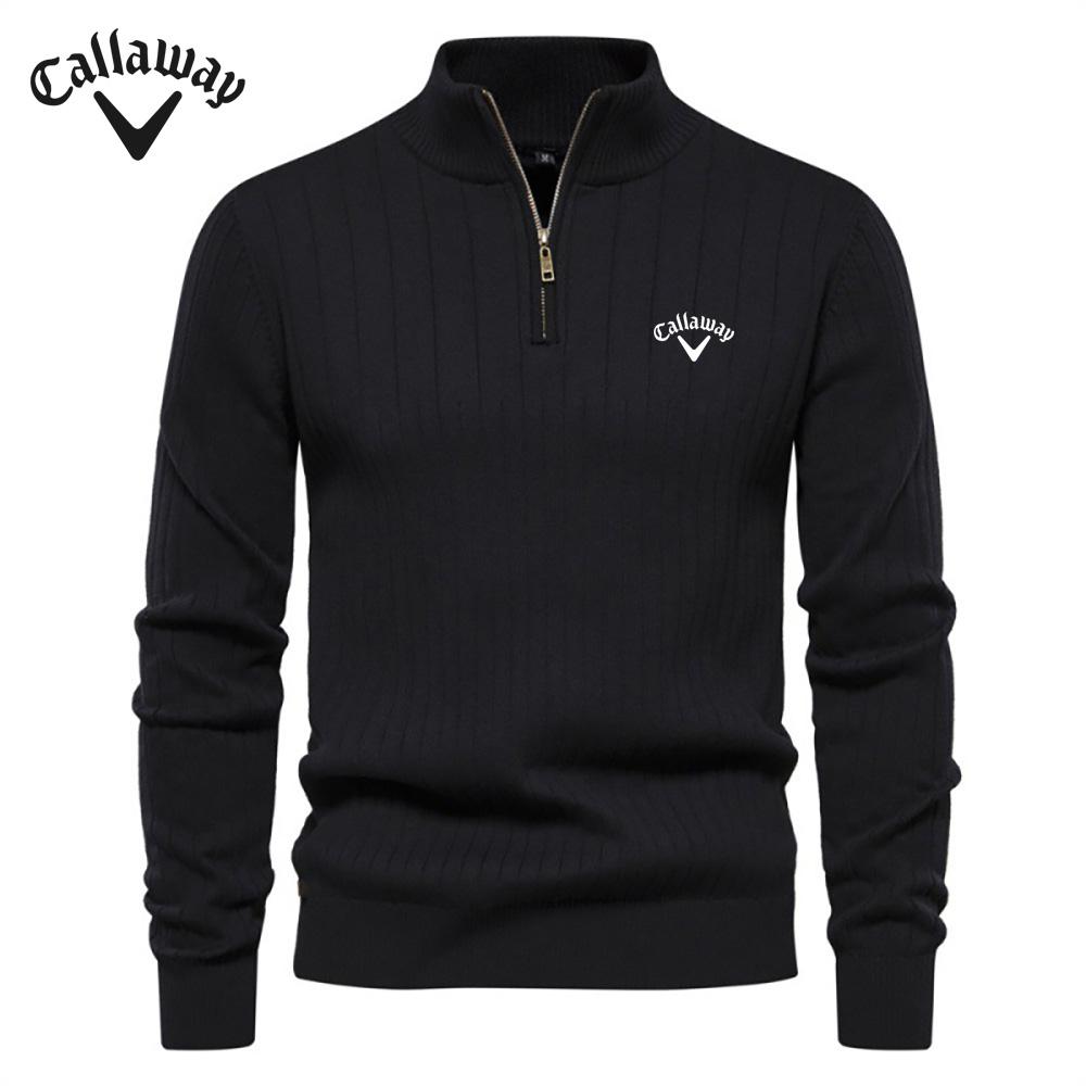Callaway Herrenpullover aus Baumwolle mit besticktem Stehkragen, lässiger Pullover mit halbem Reißverschluss, einfarbig, hochwertiger Strickpullover für Herren XL schwarz von Joom DACH