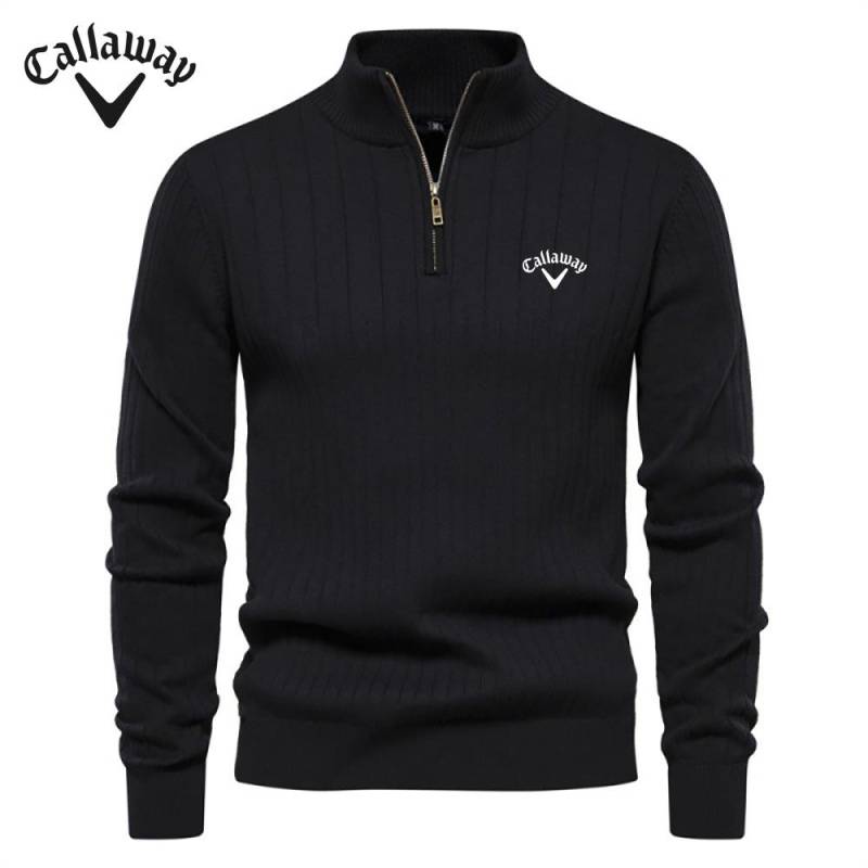 Callaway Herrenpullover aus Baumwolle mit besticktem Stehkragen, lässiger Pullover mit halbem Reißverschluss, einfarbig, hochwertiger Strickpullover für Herren XL schwarz von Joom DACH
