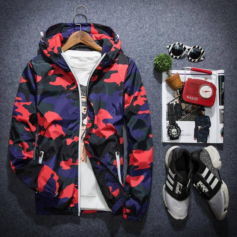 Camo Jacke Herren Jacke Große koreanische Trend reflektierende Camouflage Trenchcoat Herren Frühling und Herbst Baseball 5XL rot von Joom DACH