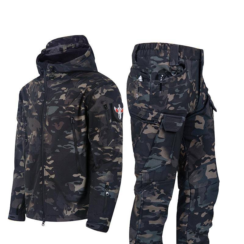 Camouflage-Anzüge für die Armee, Militär-Taktikjacke + Hose für Herren, Softshell, wasserdicht, winddicht, Jagdbekleidung, Wander- und Kletteranzüge, Wintermantel mit Kapuze XXXL von Joom DACH