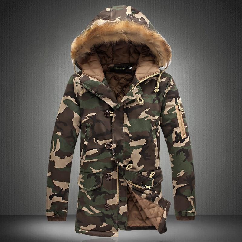 Camouflage Parka Herren Winterjacke Männer Großer Pelzkragen Mode Mittellange Mäntel Übergröße Wintermantel Männer Parka Homme 5XL XXL von Joom DACH