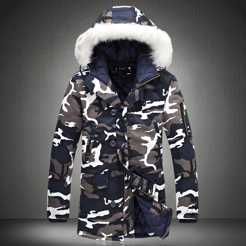 Camouflage Parka Herren Winterjacke Männer Großer Pelzkragen Mode Mittellange Mäntel Übergröße Wintermantel Männer Parka Homme 5XL XXXL von Joom DACH