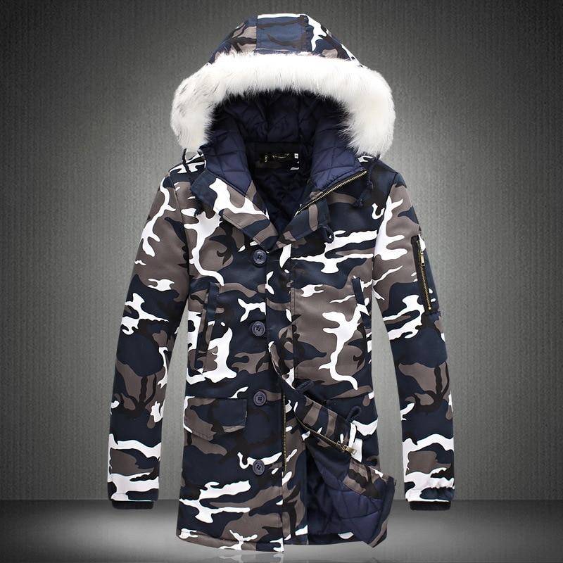 Camouflage Parka Herren Winterjacke Männer Großer Pelzkragen Mode Mittellange Mäntel Übergröße Wintermantel Männer Parka Homme 5XL XXXL von Joom DACH