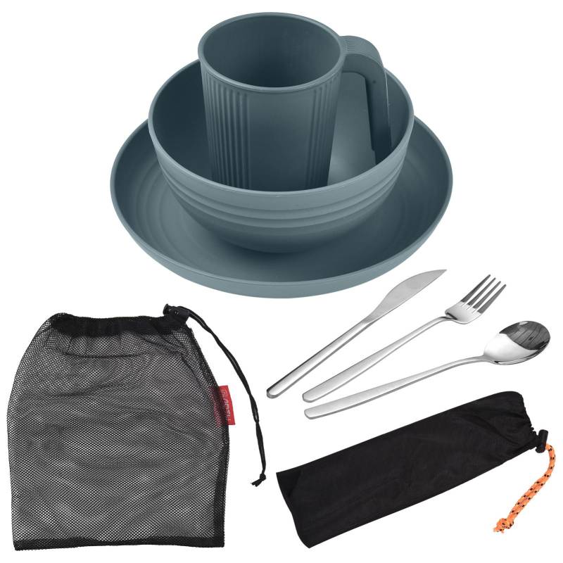 Camping-Utensilien-Set für 1 Person, tragbar, Weizenstroh, Essgeschirr mit Schüssel, Teller, Tasse, Gabel, Messer, Löffel blau von Joom DACH