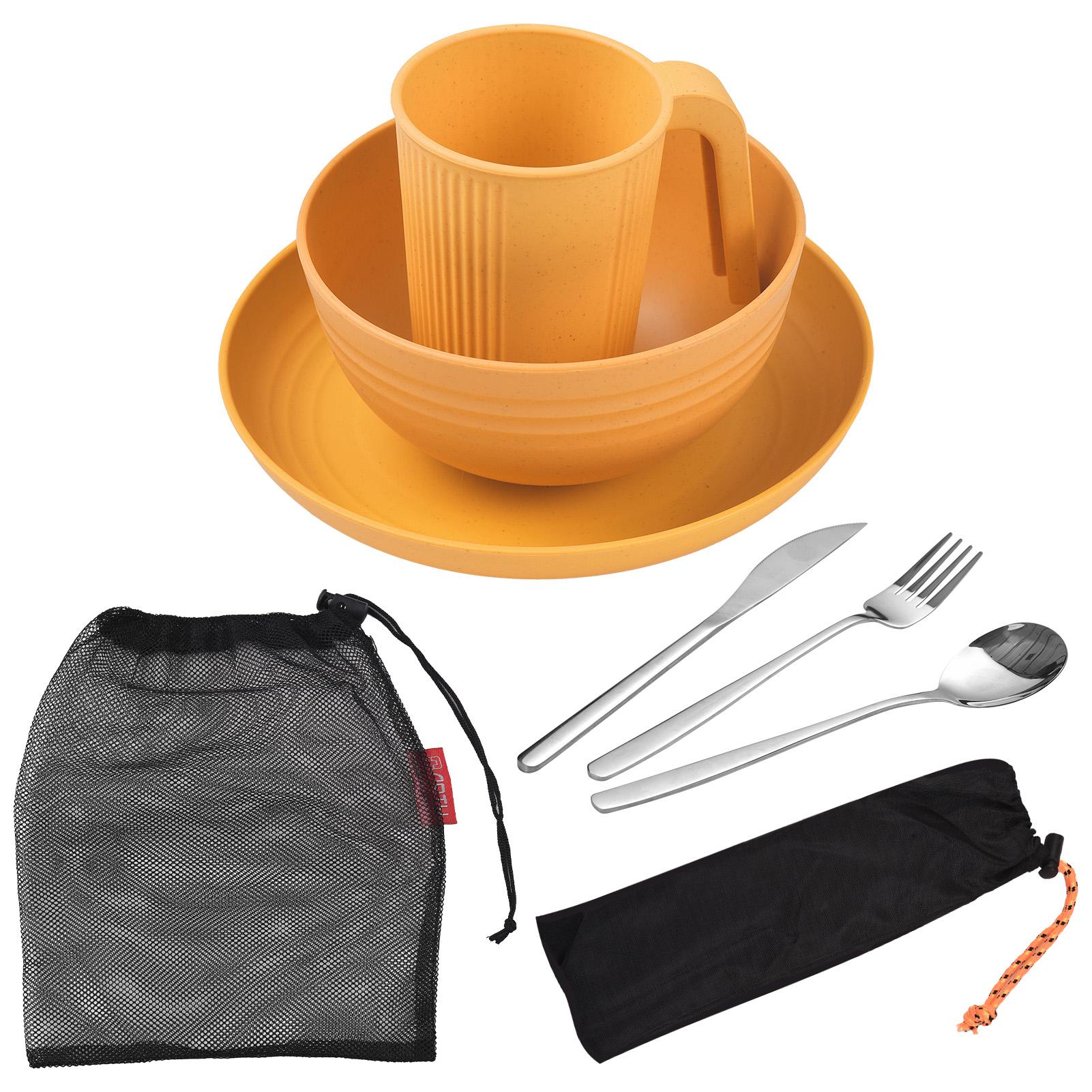 Camping-Utensilien-Set für 1 Person, tragbar, Weizenstroh, Essgeschirr mit Schüssel, Teller, Tasse, Gabel, Messer, Löffel gelb von Joom DACH