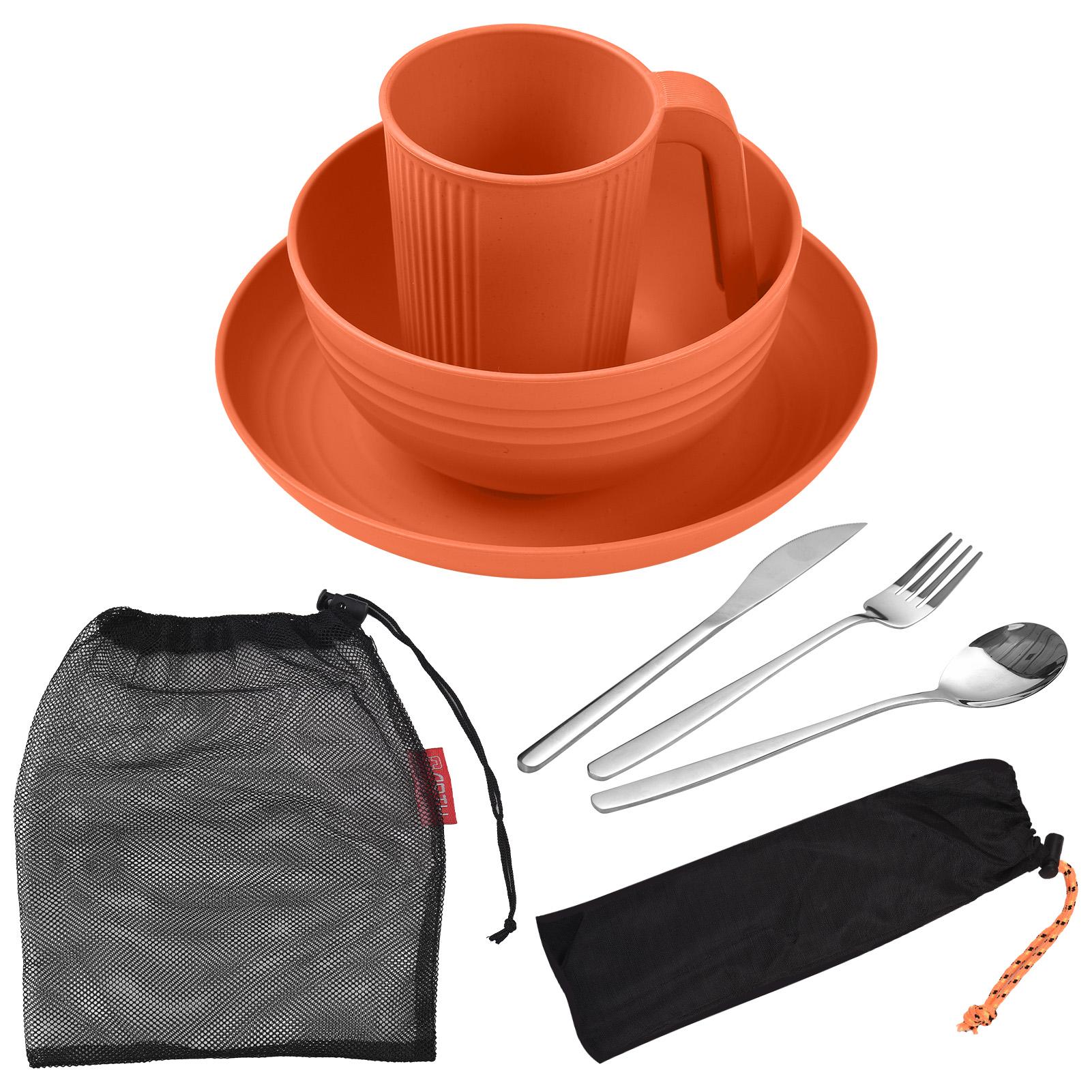 Camping-Utensilien-Set für 1 Person, tragbar, Weizenstroh, Essgeschirr mit Schüssel, Teller, Tasse, Gabel, Messer, Löffel orange von Joom DACH