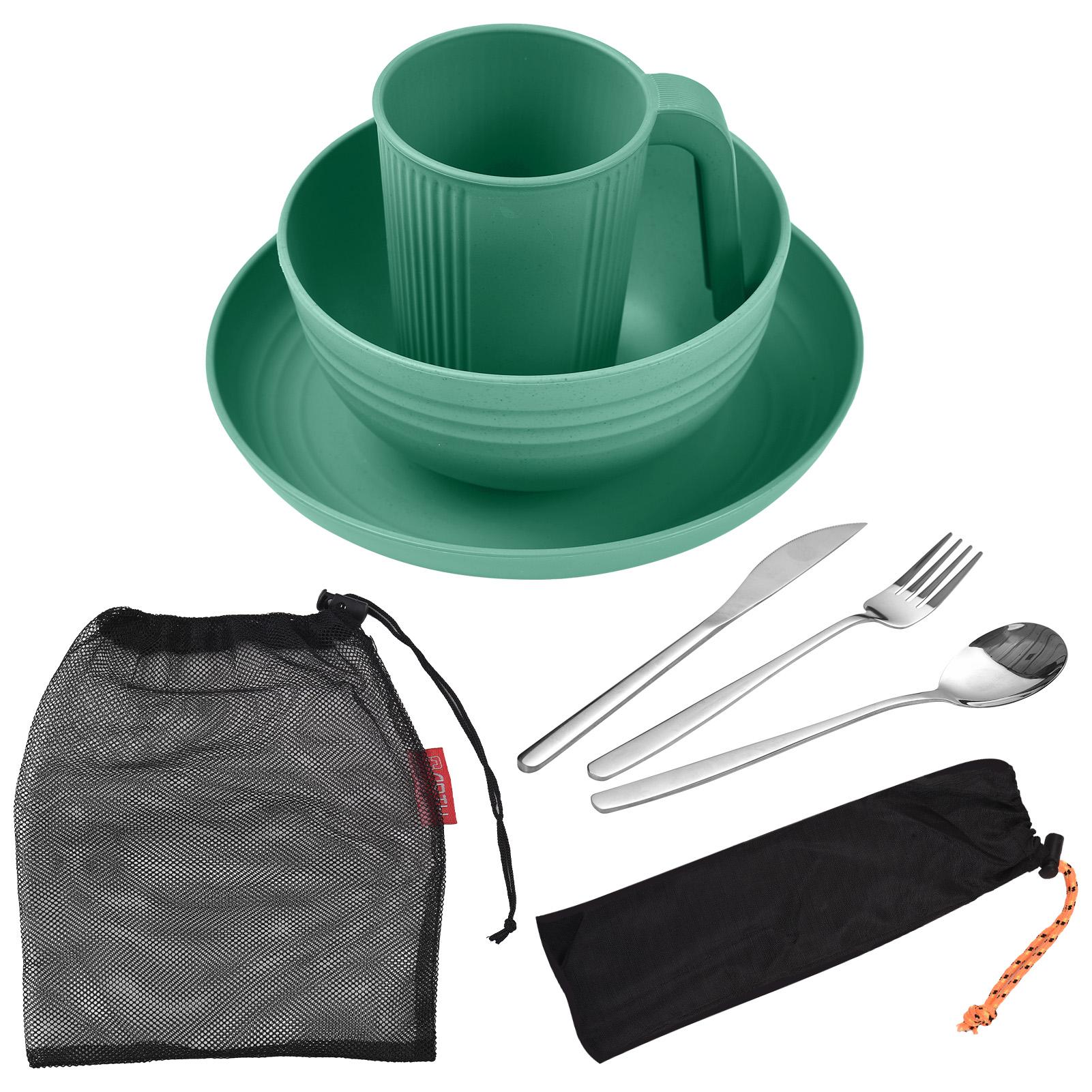 Camping-Utensilien-Set für 1 Person, tragbar, Weizenstroh, Essgeschirr mit Schüssel, Teller, Tasse, Gabel, Messer, Löffel grün von Joom DACH