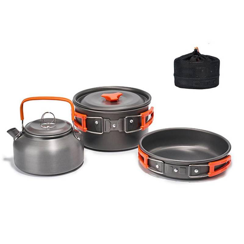 Camping Wandern Kochgeschirr Set Outdoor Tragbare Picknick Kochgeschirr Kit Alumina Topf Braten Pfanne Set Reise orange von Joom DACH