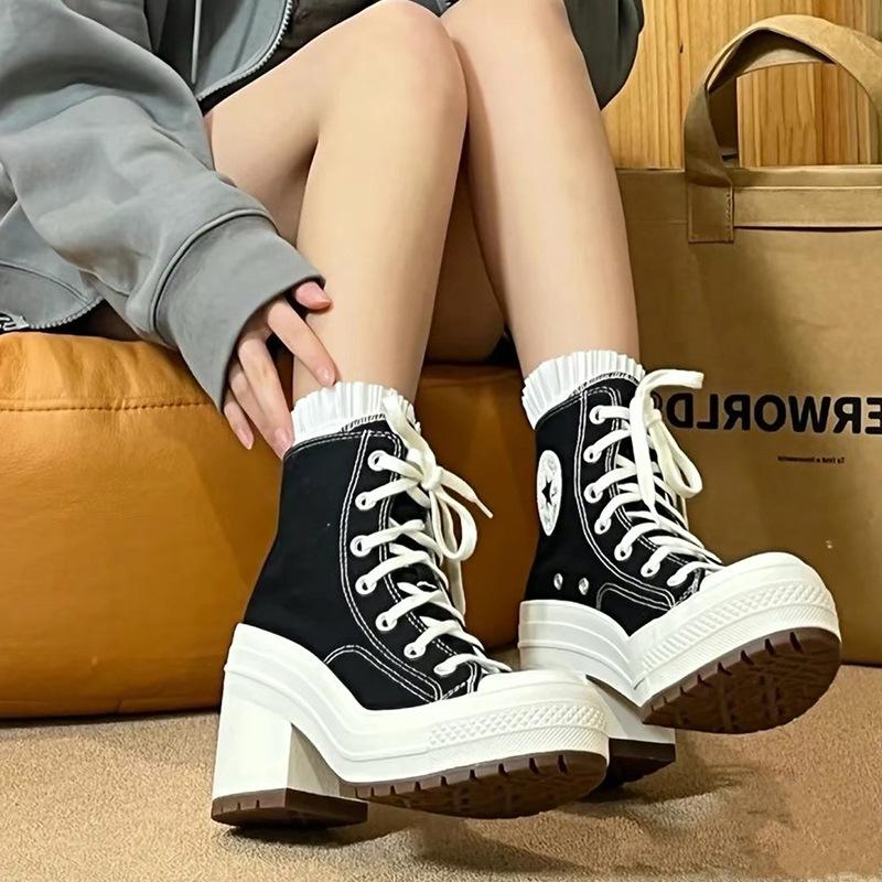 Canvas Schuhe Damen Retro Chunky High-Heels High-Top Schnürschuhe Weiß Casual Schuhe 39 schwarz von Joom DACH