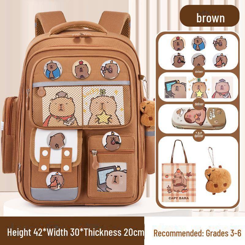 Capybara Schulranzen: Süßer Rucksack mit großem Fassungsvermögen für Jungen und Mädchen in der Grundschule large braun von Joom DACH