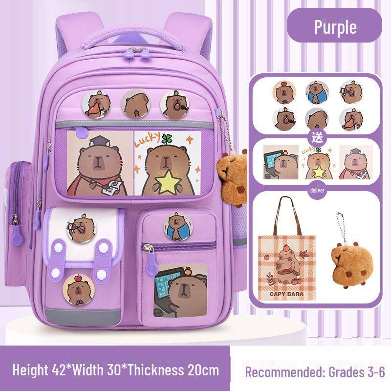 Capybara Schulranzen: Süßer Rucksack mit großem Fassungsvermögen für Jungen und Mädchen in der Grundschule large violett von Joom DACH