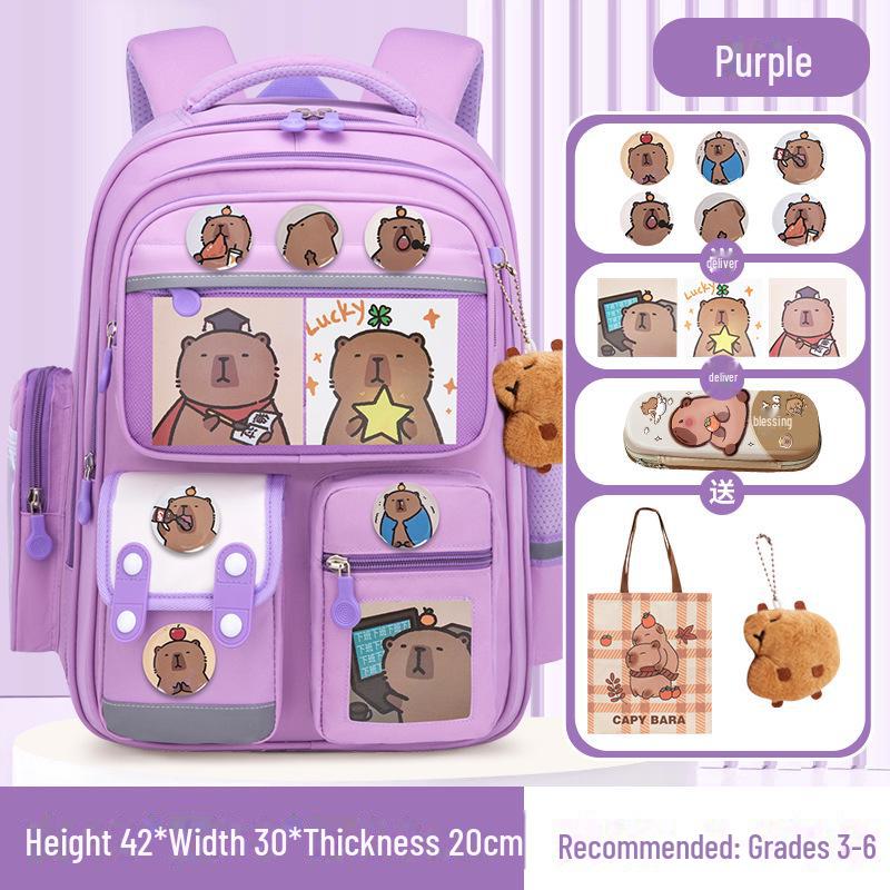 Capybara Schulranzen: Süßer Rucksack mit großem Fassungsvermögen für Jungen und Mädchen in der Grundschule large violett von Joom DACH
