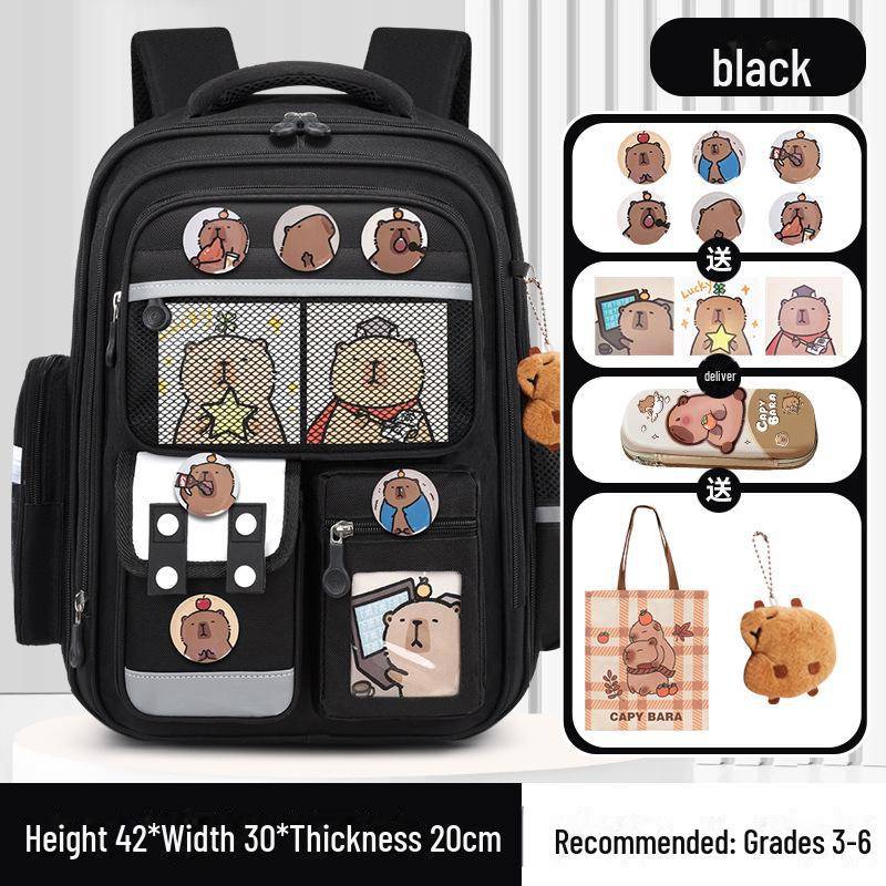 Capybara Schulranzen: Süßer Rucksack mit großem Fassungsvermögen für Jungen und Mädchen in der Grundschule small schwarz von Joom DACH