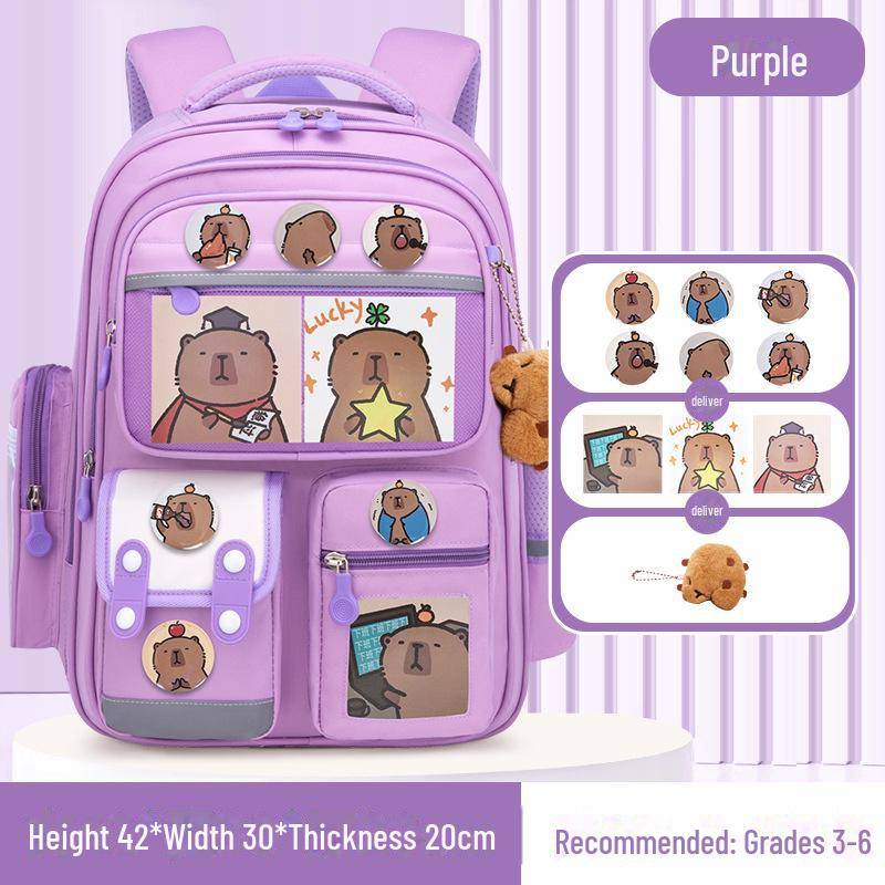 Capybara Schulranzen: Süßer Rucksack mit großem Fassungsvermögen für Jungen und Mädchen in der Grundschule small violett von Joom DACH