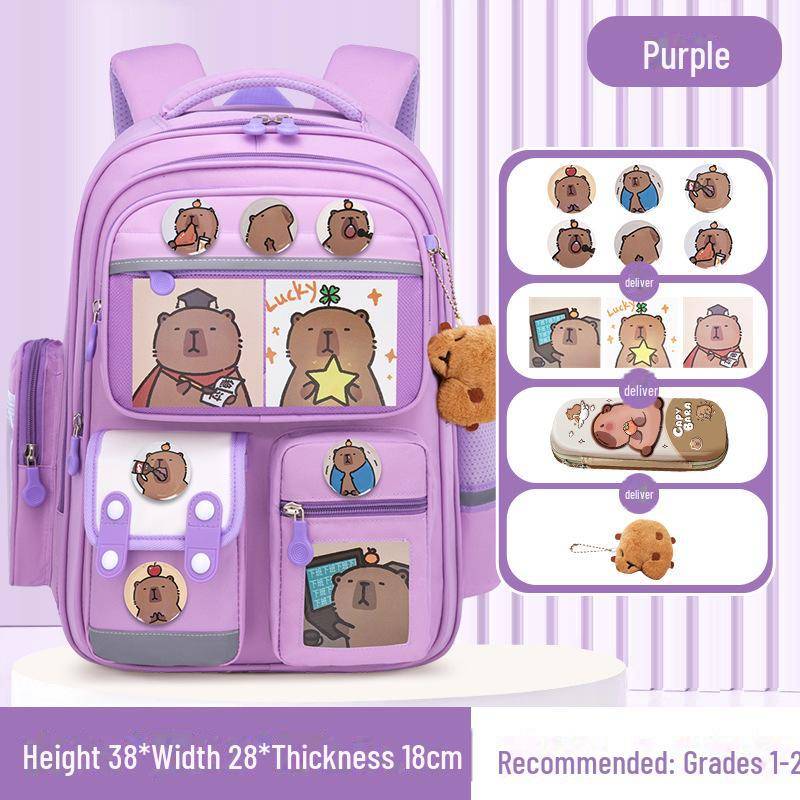 Capybara Schulranzen: Süßer Rucksack mit großem Fassungsvermögen für Jungen und Mädchen in der Grundschule small violett von Joom DACH