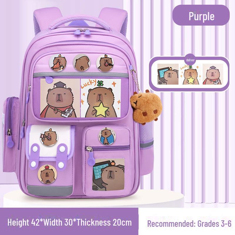 Capybara Schulranzen: Süßer Rucksack mit großem Fassungsvermögen für Jungen und Mädchen in der Grundschule small violett von Joom DACH