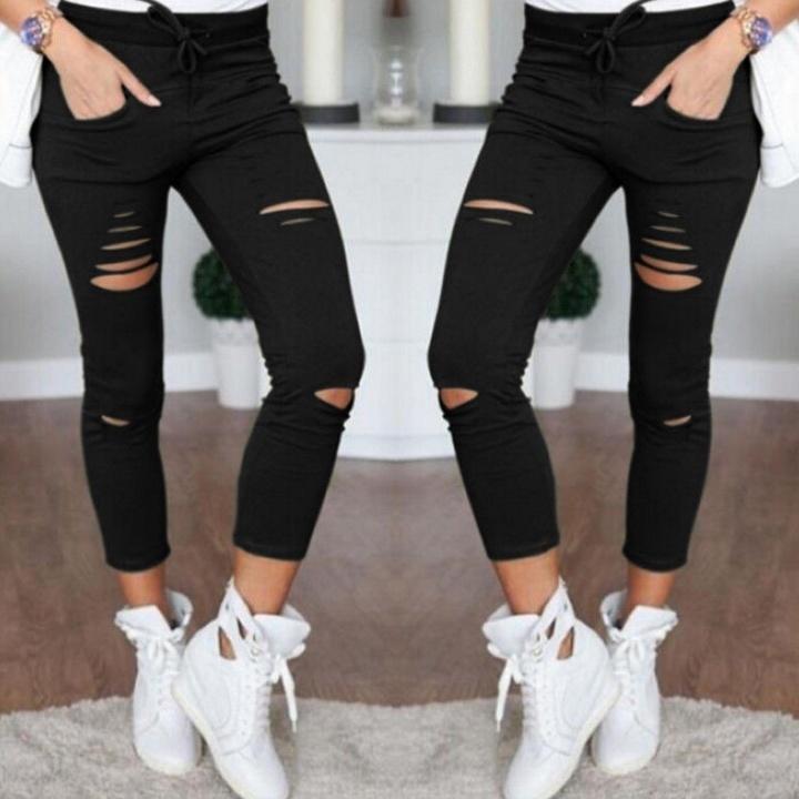 Cargo-Hosen für Damen, modisch, schlank, hohe Taille, dehnbar, dünn, gebrochenes Loch, Bleistifthose, einfarbig, Streetwear-Hose XXL von Joom DACH