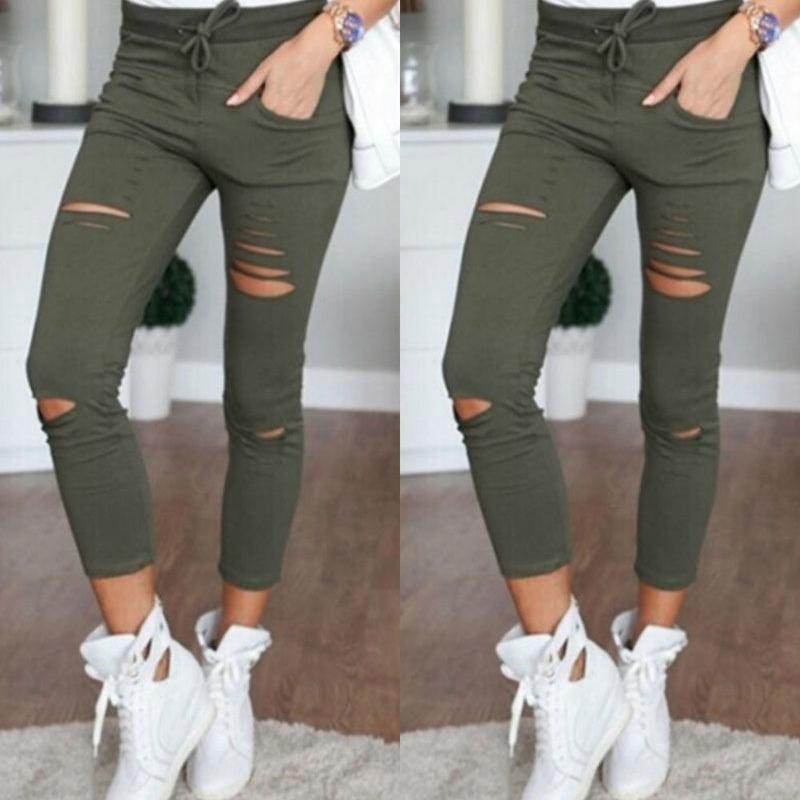 Cargo-Hosen für Damen, modisch, schlank, hohe Taille, dehnbar, dünn, gebrochenes Loch, Bleistifthose, einfarbig, Streetwear-Hose XXL armee grüne von Joom DACH