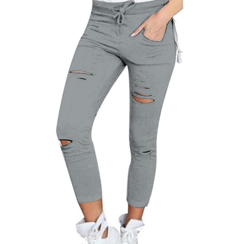 Cargo-Hosen für Damen, modisch, schlank, hohe Taille, dehnbar, dünn, gebrochenes Loch, Bleistifthose, einfarbig, Streetwear-Hose XXXXL grau von Joom DACH