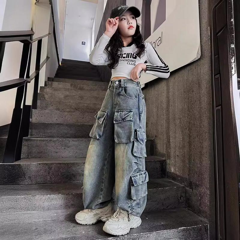 Cargo-Jeans für Mädchen Frühling Lockere Beiläufige Elastische Taille Teenager Kinder Breite Bein Hosen Design Streetwear Kinder Hosen 140cm blau von Joom DACH