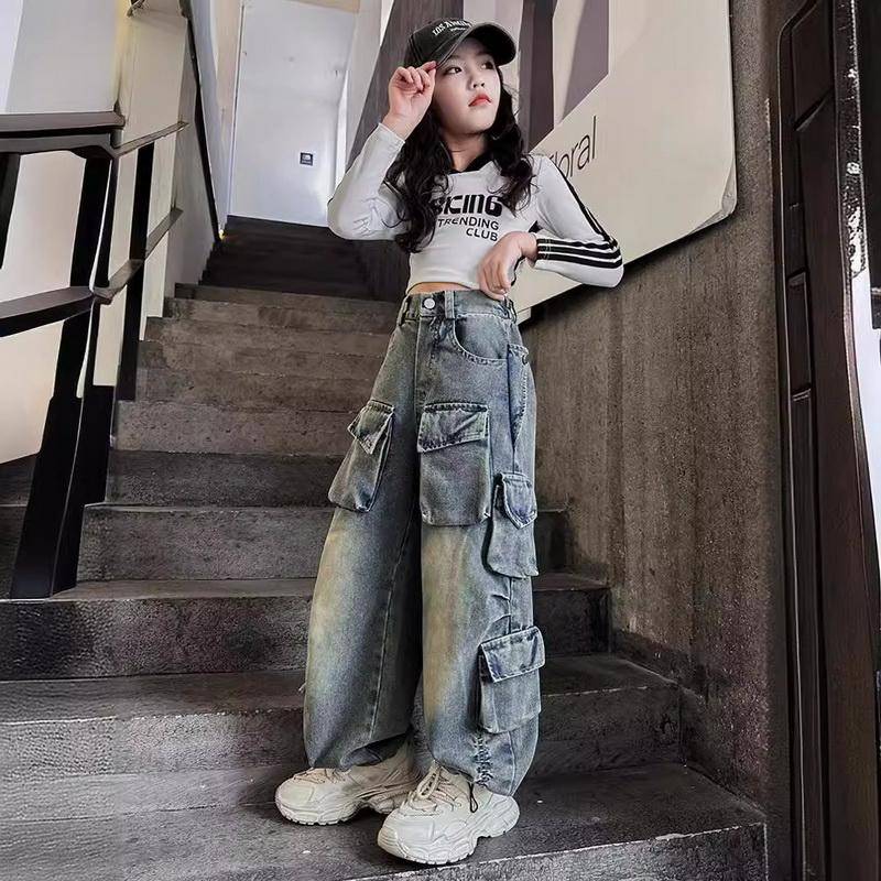 Cargo-Jeans für Mädchen Frühling Lockere Beiläufige Elastische Taille Teenager Kinder Breite Bein Hosen Design Streetwear Kinder Hosen 140cm blau von Joom DACH