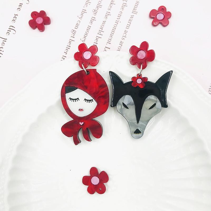 Cartoon Asymmetrische Baumeln Ohrringe Niedliche Lustige Wolf Rotkappe Figur Acryl Schmuck Frauen Mädchen Party Einzigartige Accessoires von Joom DACH