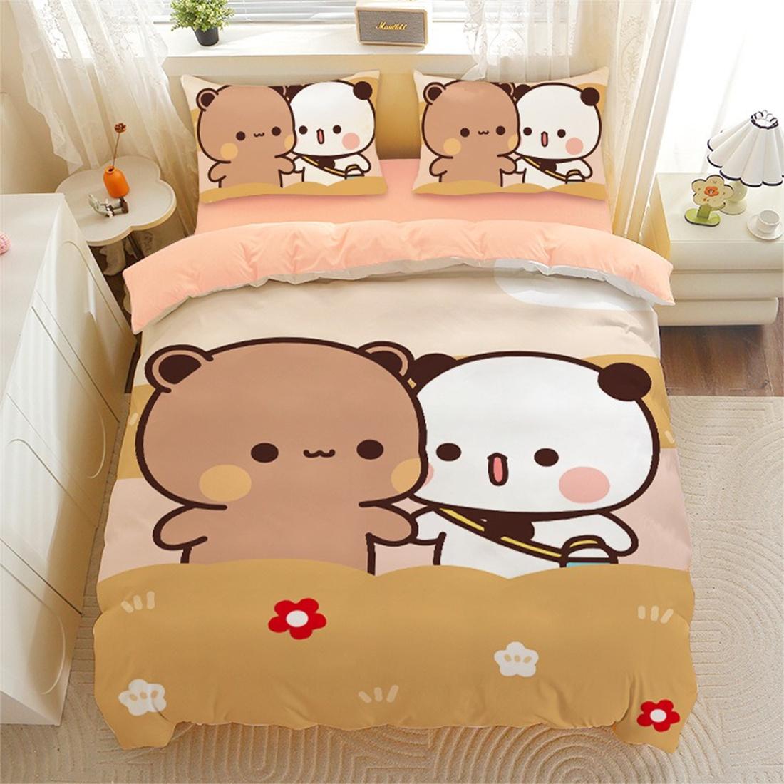Cartoon Bär Panda Bettbezug, Niedliches Bubu Dudu Bär Bettwäsche-Set Weicher Polyester 3D Digital bedruckter Bettbezug und Kissenbezug 90x200cm von Joom DACH