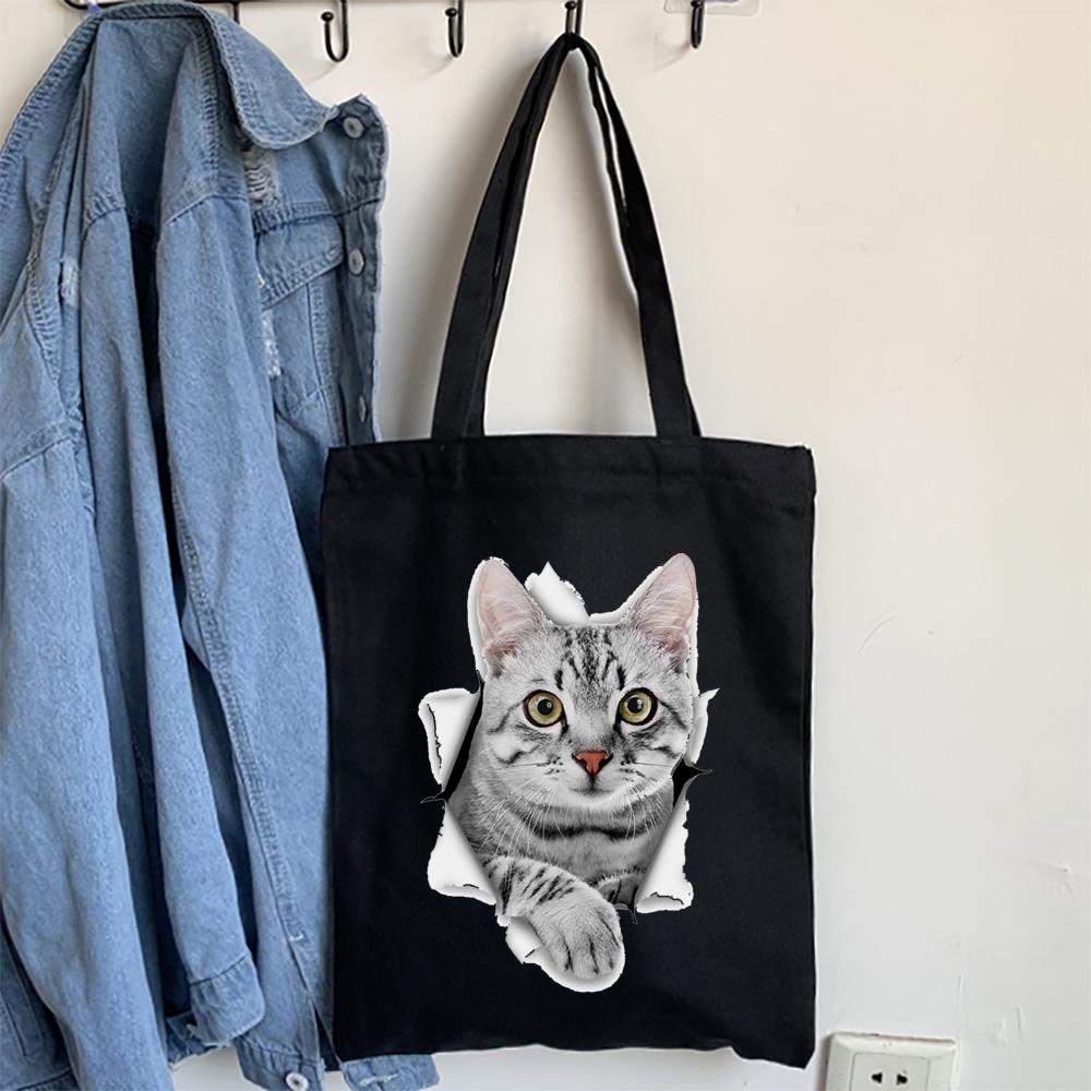Cartoon Bulldog Katze Einkaufstasche Frau Shopper Falten Leinwand 2022 Tote Reisetaschen Designer Handtaschen Gedruckt Tuch Schulter Damen Stoff von Joom DACH