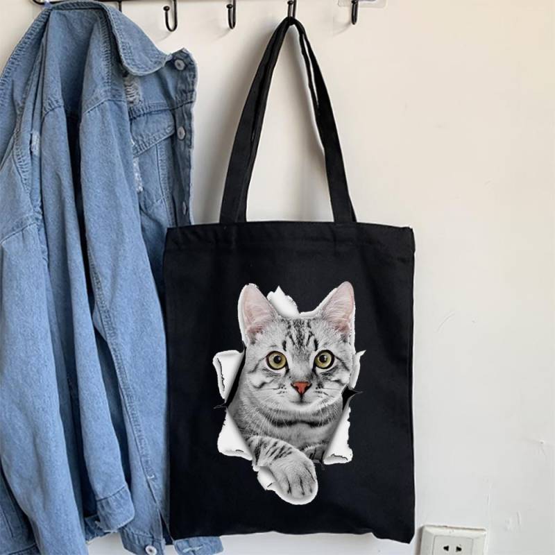 Cartoon Bulldog Katze Einkaufstasche Frau Shopper Falten Leinwand 2022 Tote Reisetaschen Designer Handtaschen Gedruckt Tuch Schulter Damen Stoff von Joom DACH