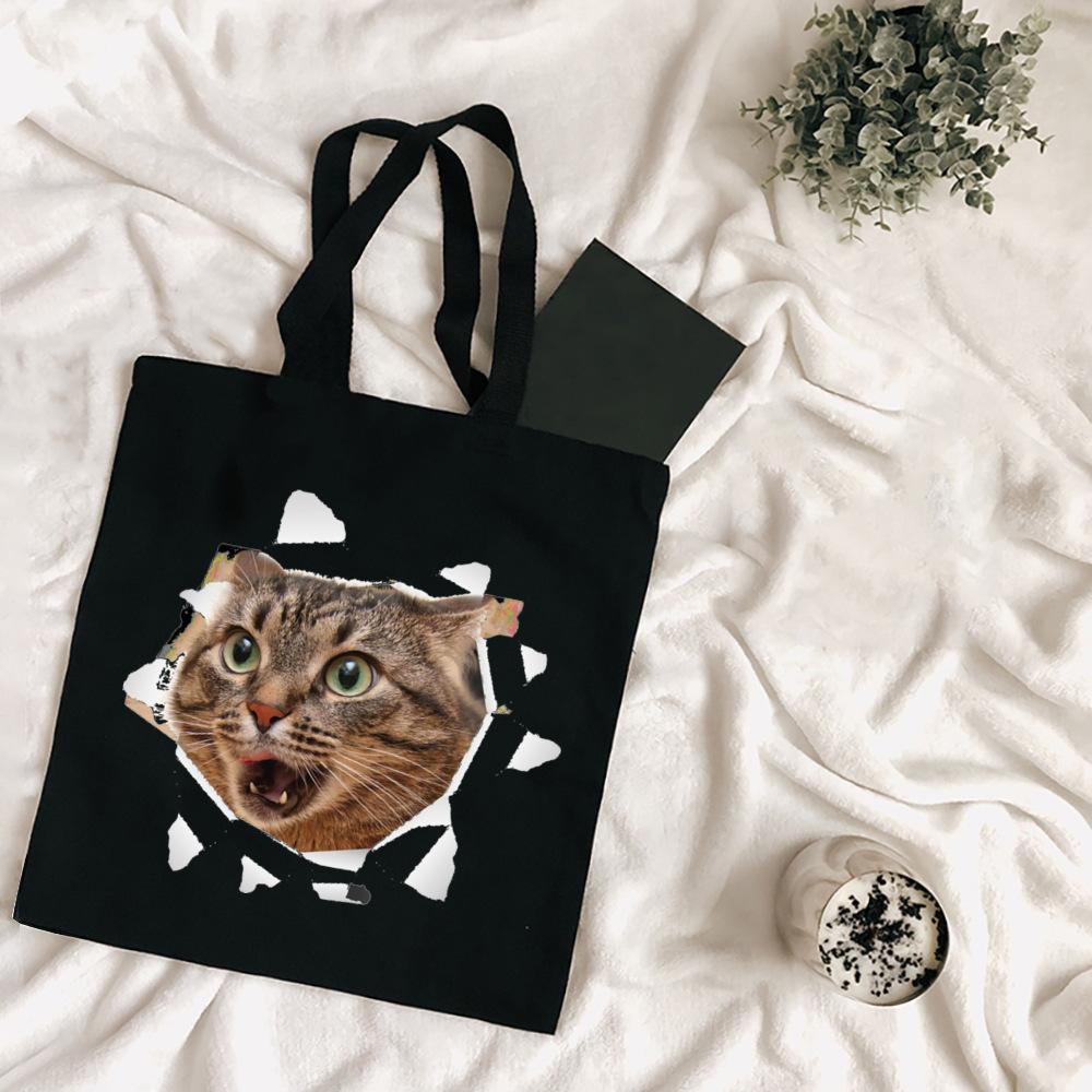 Cartoon Bulldog Katze Einkaufstasche Frau Shopper Falten Leinwand 2022 Tote Reisetaschen Designer Handtaschen Gedruckt Tuch Schulter Damen Stoff von Joom DACH