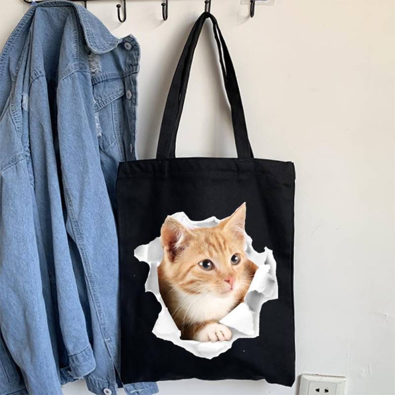 Cartoon Bulldog Katze Einkaufstasche Frau Shopper Falten Leinwand 2022 Tote Reisetaschen Designer Handtaschen Gedruckt Tuch Schulter Damen Stoff von Joom DACH
