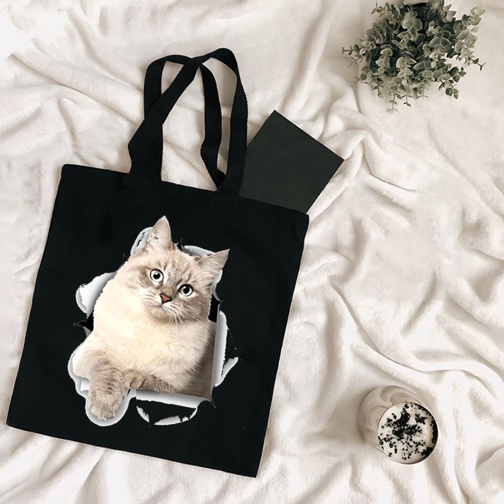 Cartoon Bulldog Katze Einkaufstasche Frau Shopper Falten Leinwand 2022 Tote Reisetaschen Designer Handtaschen Gedruckt Tuch Schulter Damen Stoff von Joom DACH